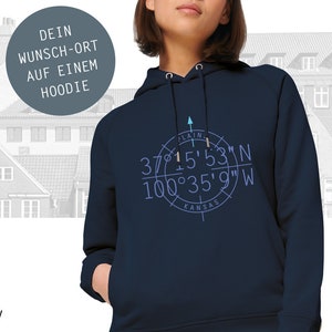 Frauen Hoodie Personalisiert, Koordinaten Mein Wunsch-Ort, Hoodie mit Seitentaschen, Motiv einfarbig Navy