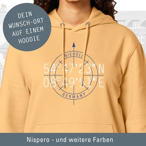 Frauen Hoodie Personalisiert, Koordinaten Wunsch-Ort, Längen und Breitengrad, persönliches Geschenk, Wunsch-Stadt Nispero