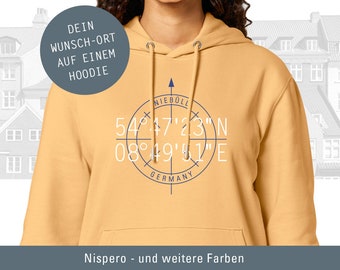 Frauen Hoodie Personalisiert, Koordinaten Wunsch-Ort, Längen- und Breitengrad, persönliches Geschenk, Wunsch-Stadt