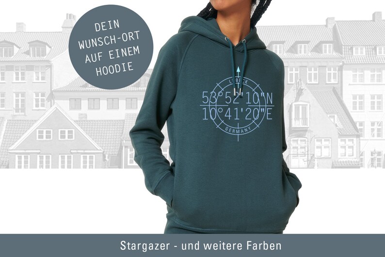 Frauen Hoodie Personalisiert, Koordinaten Mein Wunsch-Ort, Hoodie mit Seitentaschen, Motiv einfarbig Stargazer