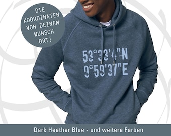 Männer Hoodie Personalisiert, Koordinaten Wunsch-Ort, Breitengrad, Längengrad, Hoodie mit Seitentaschen