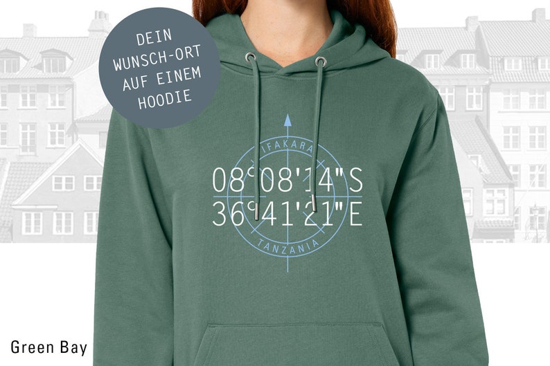 Frauen Hoodie Personalisiert, Koordinaten Wunsch-Ort, Längen und Breitengrad, persönliches Geschenk, Wunsch-Stadt Green Bay