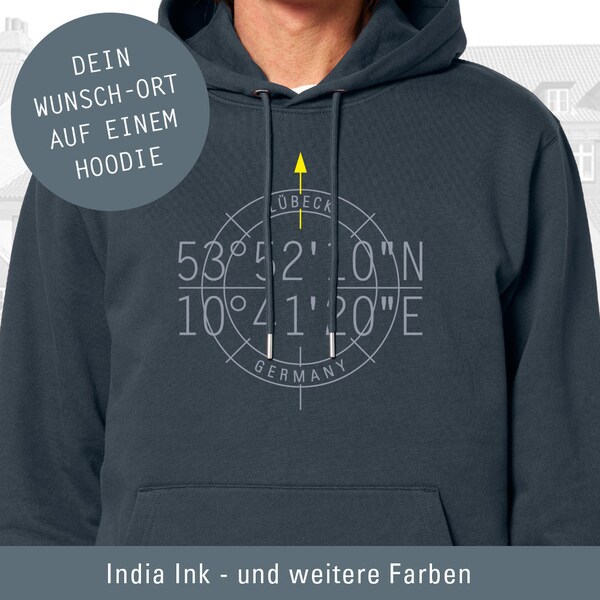 Männer Hoodie Personalisiert, Koordinaten Wunsch-Ort, Längen- und Breitengrad, persönliches Geschenk, Wunsch-Stadt