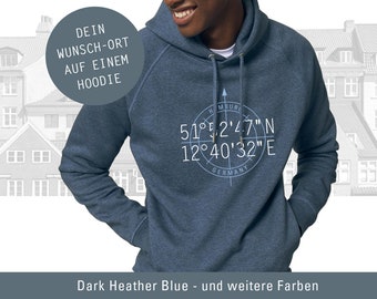 Männer Hoodie Personalisiert, Koordinaten Wunsch-Ort, Längen- und Breitengrad, persönliches Geschenk, Hoodie mit Seitentaschen