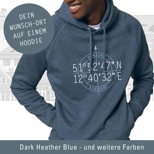 Männer Hoodie Personalisiert, Koordinaten Wunsch-Ort, Längen- und Breitengrad, persönliches Geschenk, Hoodie mit Seitentaschen