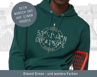 Men's hoodie personalized, coordinates of desired location, longitude and latitude, personal gift, desired city
