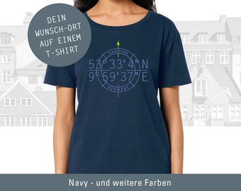 Frauen T-Shirt Kurzarm, Personalisiert, Koordinaten Wunsch-Ort/Stadt, Längen- und Breitengrad, persönliches Geschenk, Bio-Baumwolle