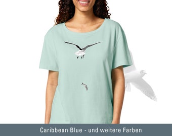 Frauen T-Shirt Kurzarm, Hungrige Möwe, Fisch, Meer, Insel, Nordsee, Ostsee, Bio-Baumwolle