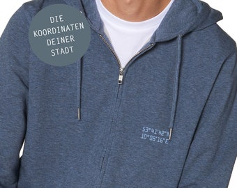 Männer Sweatjacke Personalisiert, Koordinaten Wunsch-Ort, Stadt, Breitengrad, Längengrad