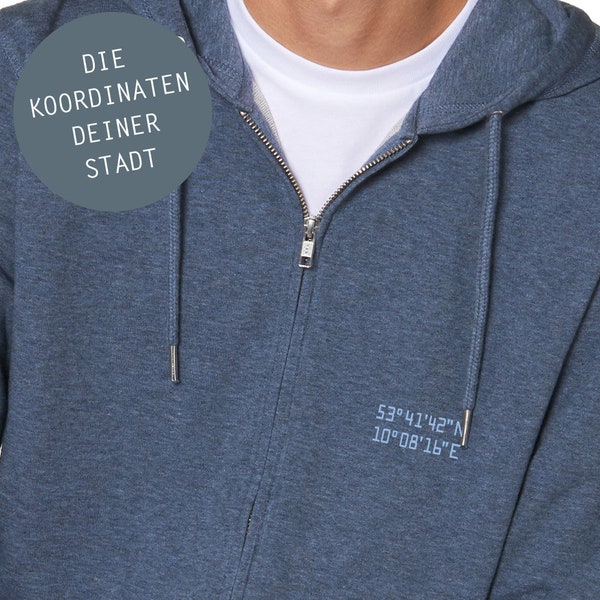 Männer Sweatjacke Personalisiert, Koordinaten Wunsch-Ort, Stadt, Breitengrad, Längengrad