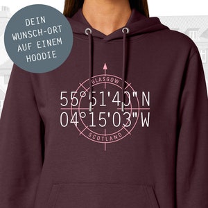 Frauen Hoodie Personalisiert, Koordinaten Wunsch-Ort, Längen und Breitengrad, persönliches Geschenk, Wunsch-Stadt Red Brown