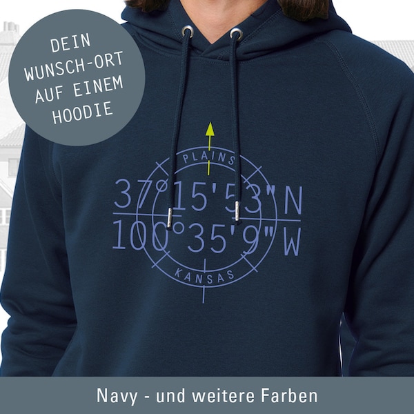 Men's Hoodie Personalized, coordinates of desired location, longitude and latitude, personal gift, hoodie with side pockets