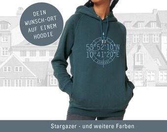 Frauen Hoodie Personalisiert, Koordinaten Mein Wunsch-Ort, Hoodie mit Seitentaschen, Motiv einfarbig