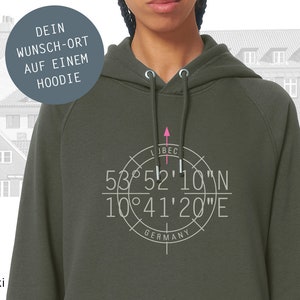 Frauen Hoodie Personalisiert, Koordinaten Mein Wunsch-Ort, Hoodie mit Seitentaschen, Motiv einfarbig Khaki