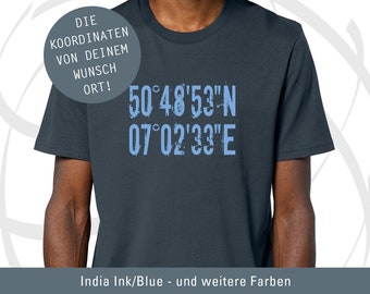 Men's short-sleeved T-shirt personalized, coordinates desired location, city, home port, organic cotton