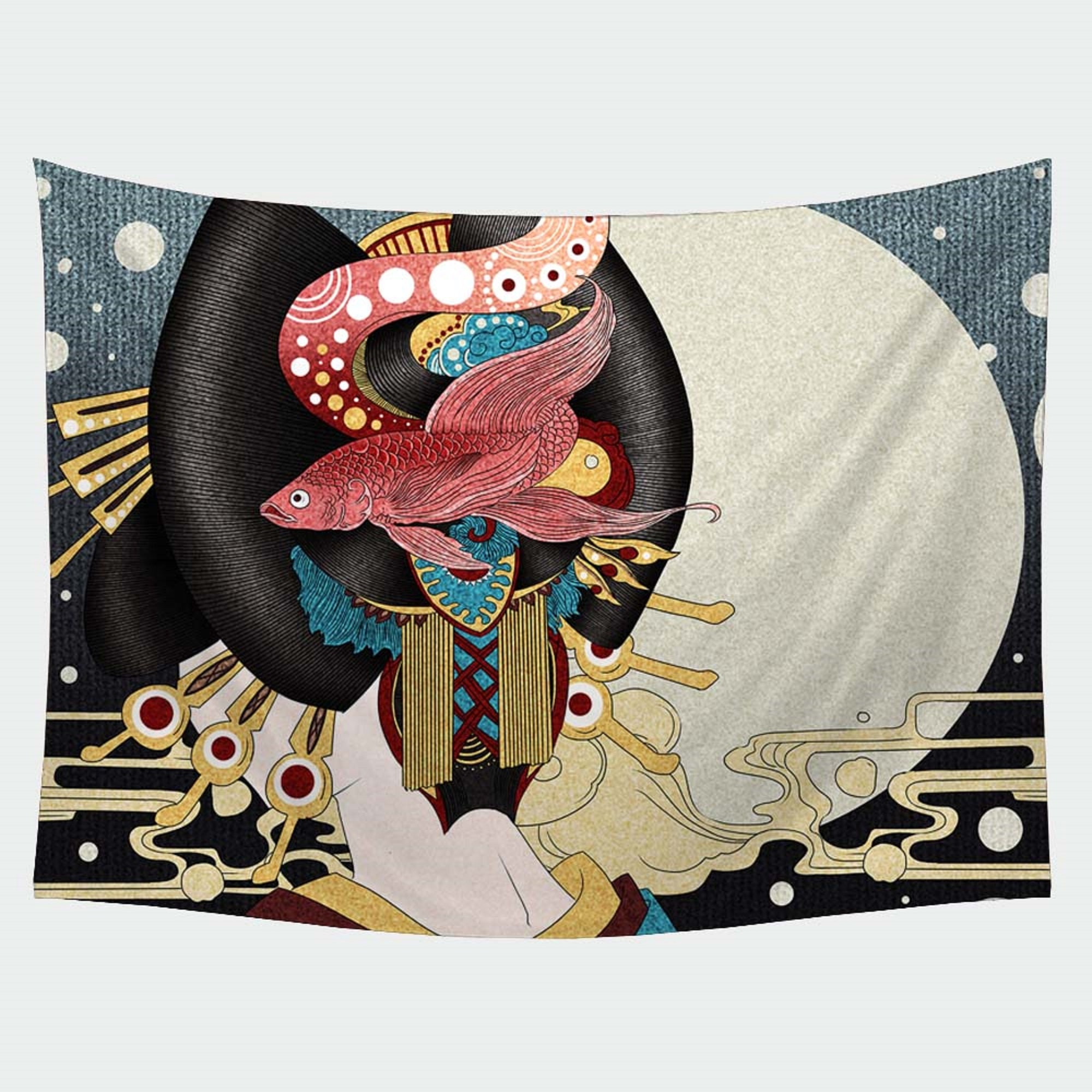Japanese Woman Tapestry Fish Tapestry Abstract Tapestry Etsy