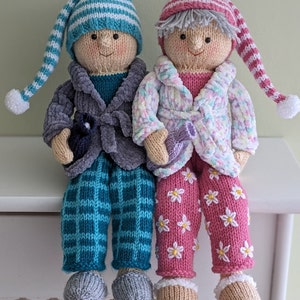 Knitting pattern. PDF digital download. Polly & Jim The pyjama Day shelf sitters. Pattern download. Written in English only