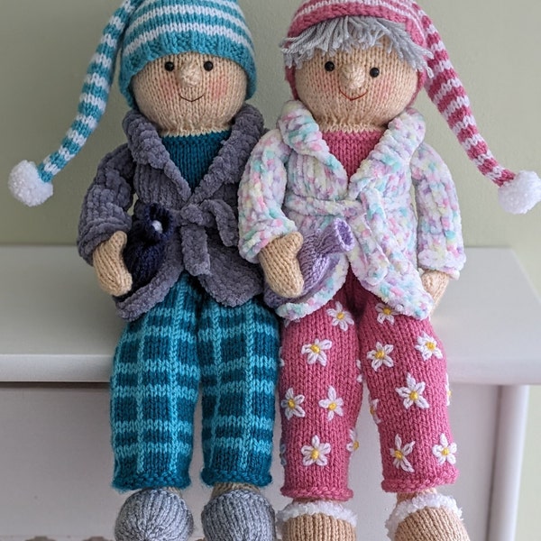 Knitting pattern. PDF digital download. Polly & Jim The pyjama Day shelf sitters. Pattern download. Written in English only