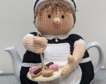 Tea cosy knitting pattern. PDF digital download. Betty the waitress tea cosy pattern for a 6 cup teapot. Written in English only.