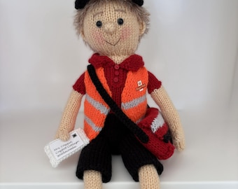 Knitting pattern. PDF digital download. Postman Pete shelf sitter.  Knitted flat. Single point needles. ENGLISH ONLY.