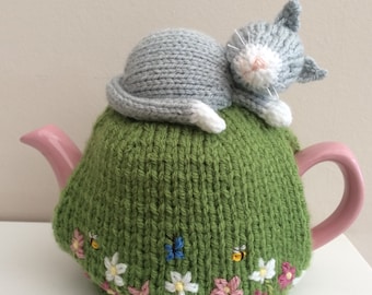 Tea cosy Knitting pattern. PDF digital download. Cat nap tea cosy knitting patt2 cup teapot. Knitted flat. ENGLISH ONLY