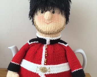 Tea cosy knitting pattern. PDF digital download. Gerald the Grenadier guard. tea 6 cup teapot. Knitted flat. ENGLISH ONLY