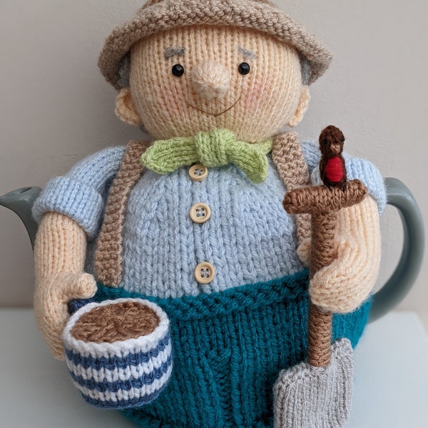 Tea cosy knitting pattern. PDF digital download. Monty on the allotment. Tea cosy knitting pattern for a 6 cup teapot.