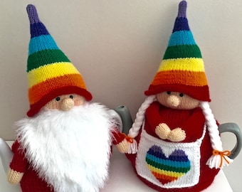 Tea cosy knitting pattern. PDF digital download. Rainbow gnomes  Tea cosy pattern for a 6 cup teapot. Pride. Knitted flat. ENGLISH ONLY.