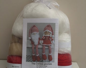 Knitting kit to make BOTH Boy and Girl Crimble gnome shelf sitters. Great gift idea. New project, hobby,