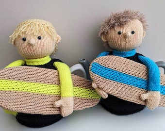 Tea cosy knitting pattern. PDF digital download. Surfer tea cosy. Tea cosy knitting pattern for a 6 cup teapot.