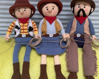 Knitting pattern. PDF digital download. On the Ranch 2 cowboys and a cowgirl shelf sitters. Pattern download. Knitted flat. ENGLISH ONLY.