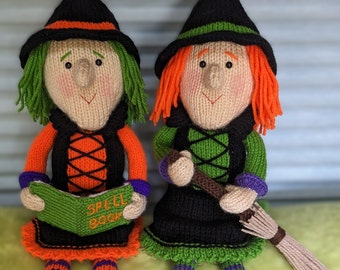 Knitting pattern. PDF digital download. Winnie and Wilma witch shelf sitters. Pattern download. Knitted flat. ENGLISH ONLY.