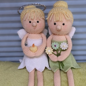 Knitting pattern. PDF digital download. Lily the flower fairy and cousin Angelina shelf sitters. Download only. Knitted flat.ENGLISH ONLY.