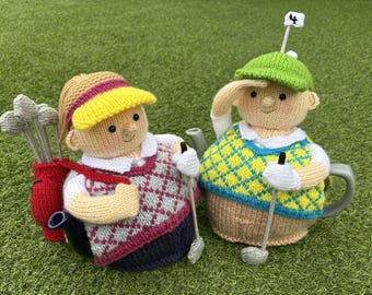 Golfers Tea cosy knitting pattern. PDF digital download. 6 cup teapot. Knitted flat. ENGLISH ONLY.