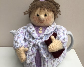 Tea cosy knitting pattern. PDF digital download. Pyjama Day tea cosy knitting pattern for a 6 cup teapot. Knitted flat. ENGLISH ONLY