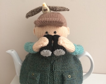 Tea cosy knitting pattern. Bird watcher. PDF digital download. Knitting pattern for a 2.5 pint teapot. Knitted flat. ENGLISH ONLY.