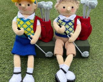 Knitting pattern. PDF digital download. Golfer shelf sitters. Knitted flat. ENGLISH ONLY.