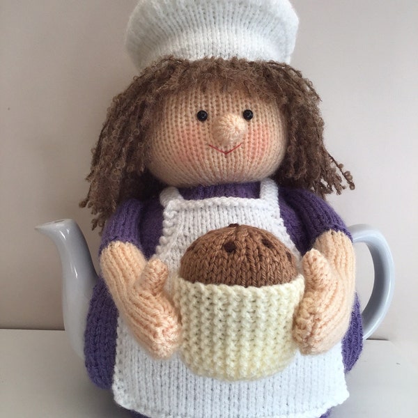 Tea cosy knitting pattern. PDF digital download. Betty the cake maker  tea cosy pattern for a 6 cup teapot