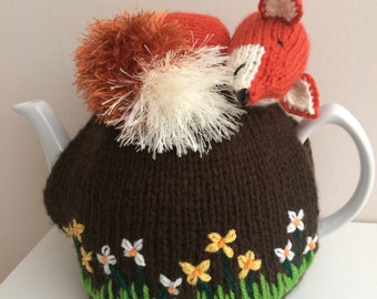 Knitting pattern. PDF digital download. Sleeping fox in the flower meadow. Tea cosy pattern for a 2.5 pint tea pot.