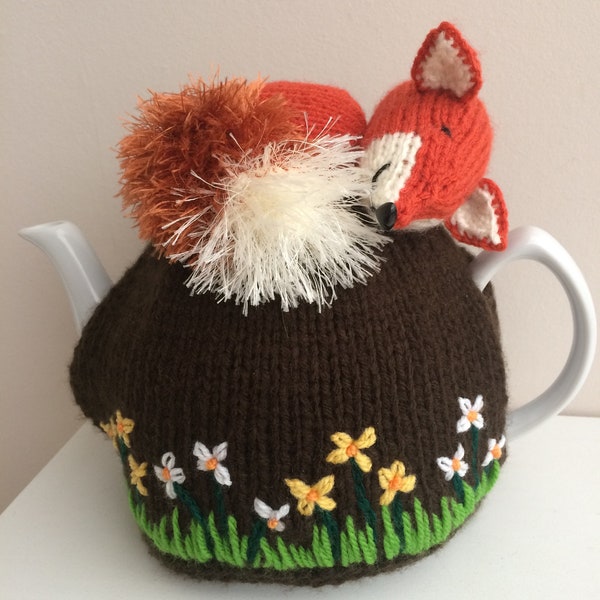 Knitting pattern. PDF digital download. Sleeping fox in the flower meadow. Tea cosy pattern for a 2.5 pint tea pot.