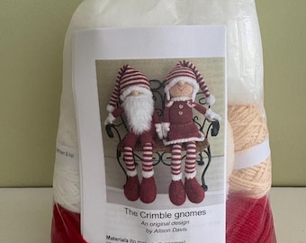 Knitting kit to make BOTH Boy and Girl Crimble gnome shelf sitters. Great gift idea. New project, hobby,