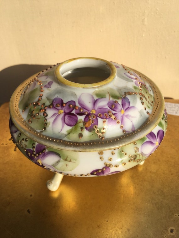 Hand Painted Moriage Vintage Blue White pink Porcelain Hair Receiver