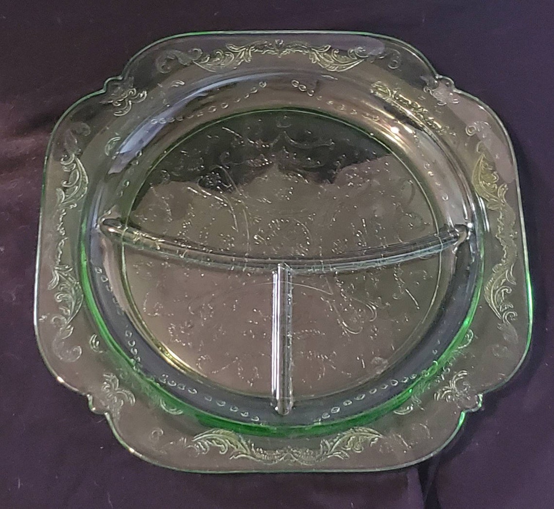 Green Depression Uranium Glass Divided Plate Vaseline 11 Etsy