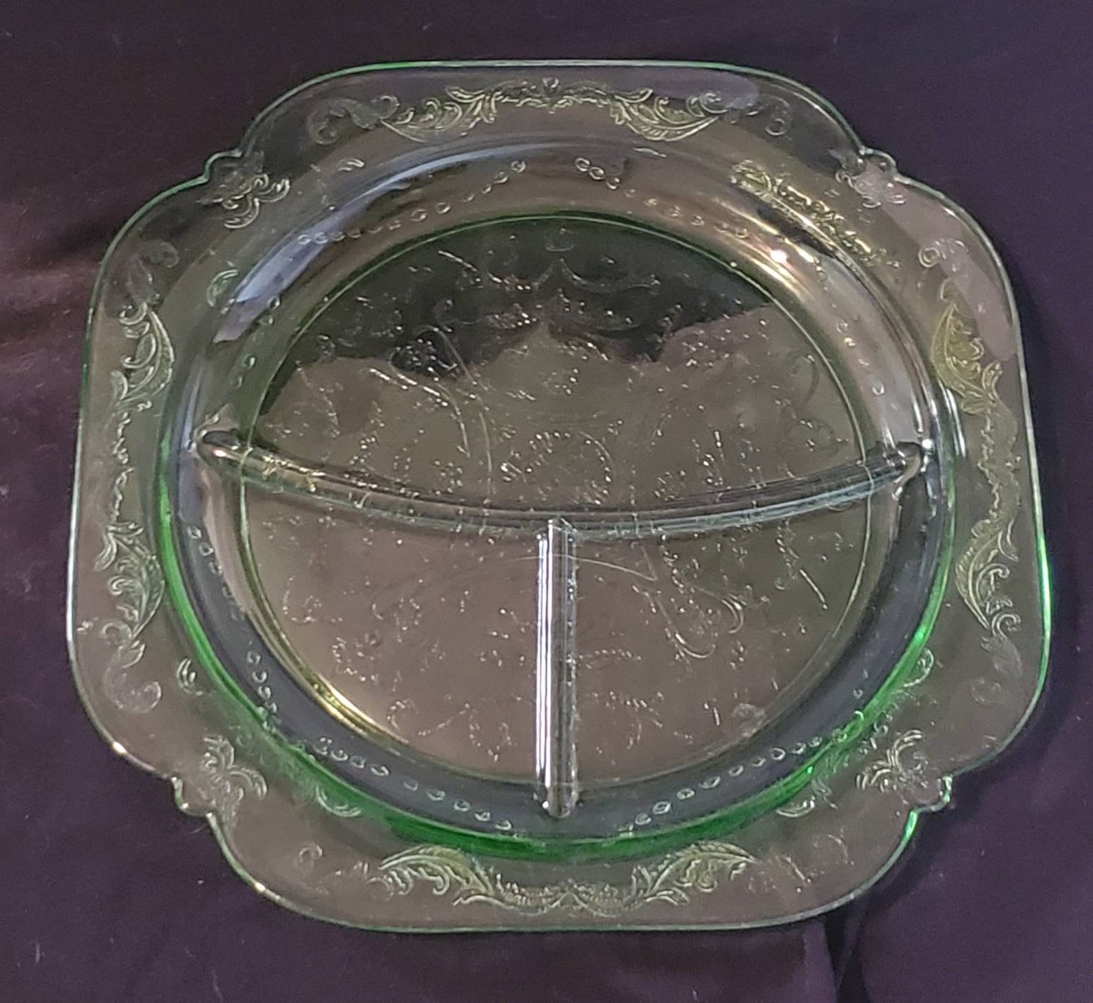 Green Depression Uranium Glass Divided Plate Vaseline 11 Etsy