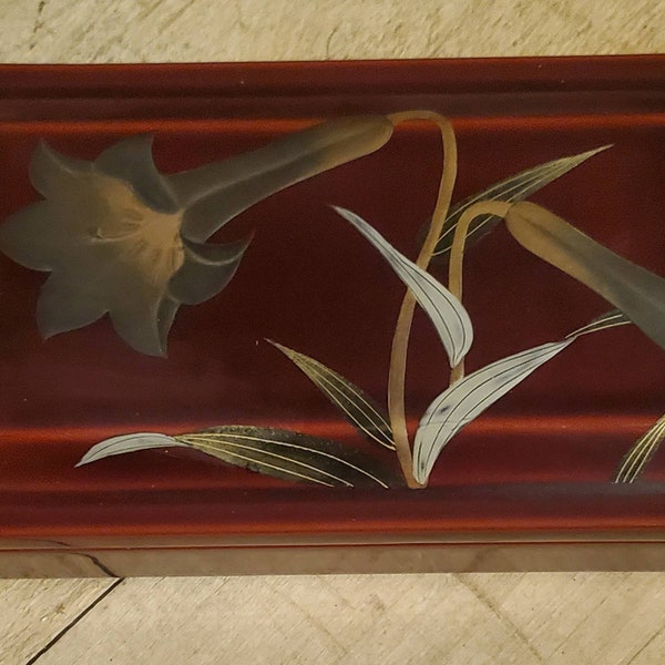 Murani Lacquerware Metal Jewelry Dresser Box with Lily Design Made in Occupied Japan