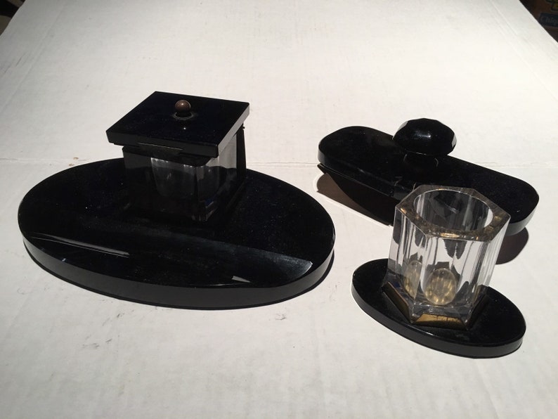 Antique Art Deco Black Onyx And Glass Desk Set Inkwell Blotter Etsy