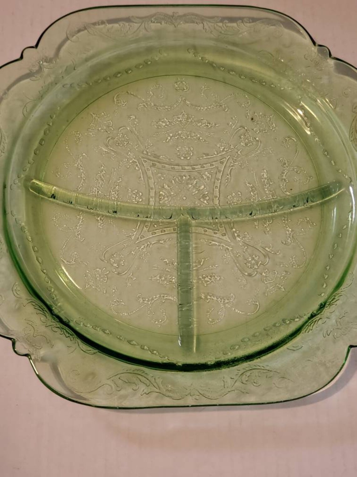 Green Depression Uranium Glass Divided Plate Vaseline 11 Etsy