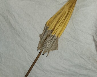 Antique Victorian Parasol Umbrella Yellow Wood Handle Functioning