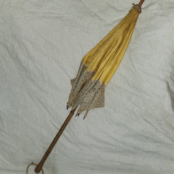 Antique Victorian Parasol Umbrella Yellow Wood Handle Functioning