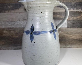 Vintage Blue Flowers Pottery Pitcher 9 1/2" Tall Signed on the Bottom